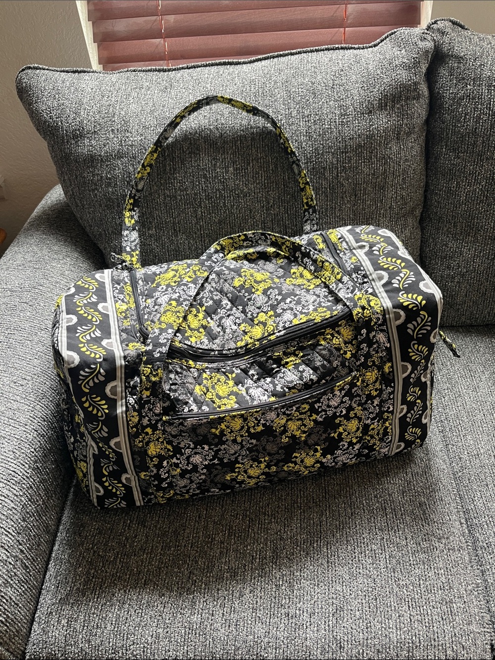 Quilted Floral Travel Duffel Bag - Black & Yellow